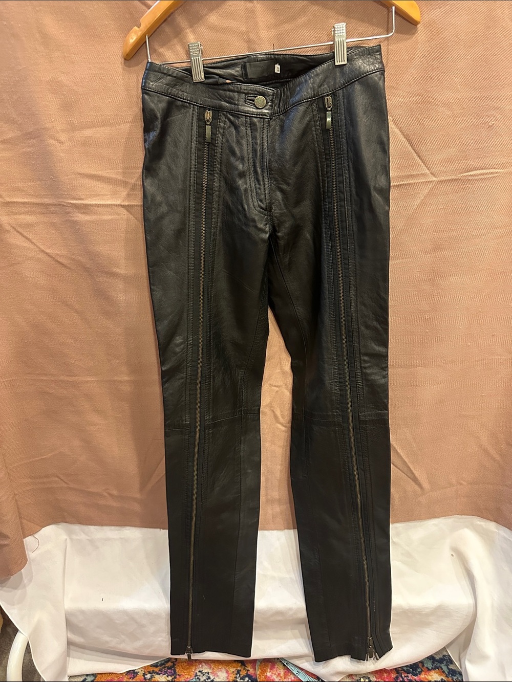 Italian Black Leather Zip-Trim Pants, women, by Tenax, size 40